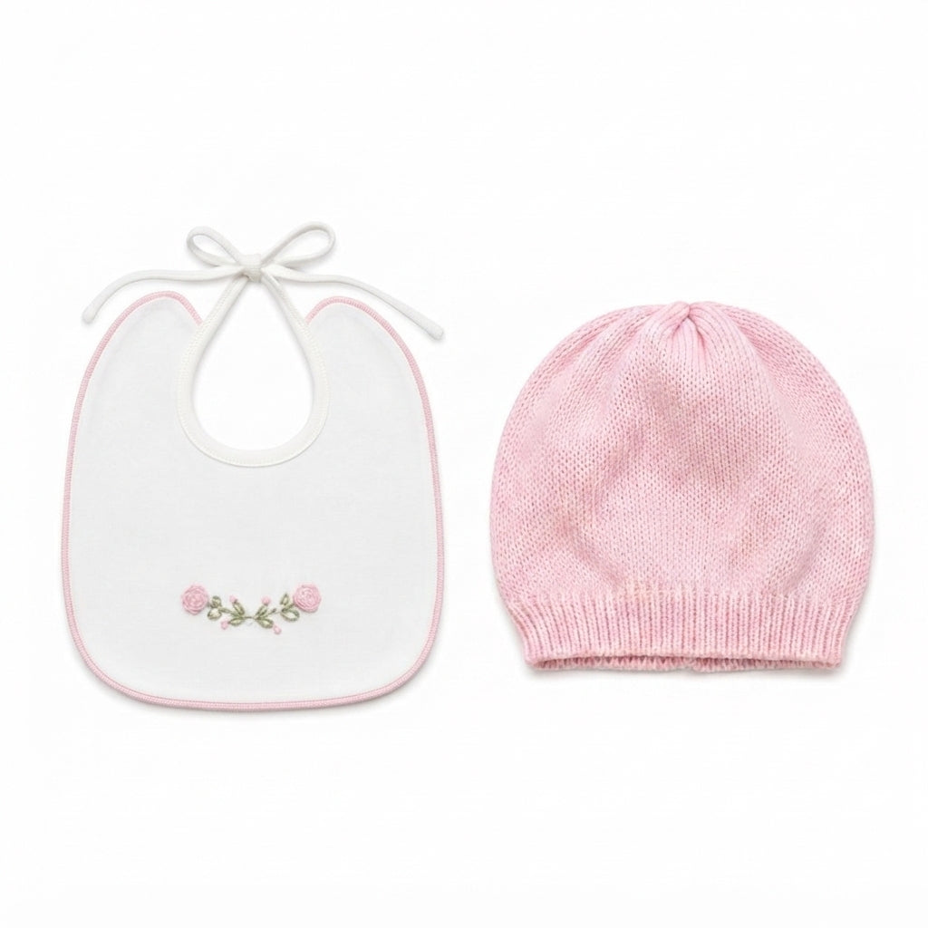 SET COORDINATO NEONATA CAPPELLINO E BAVETTA CON RICAMO FLOREALE LA SARTORIA DEI PICCOLI