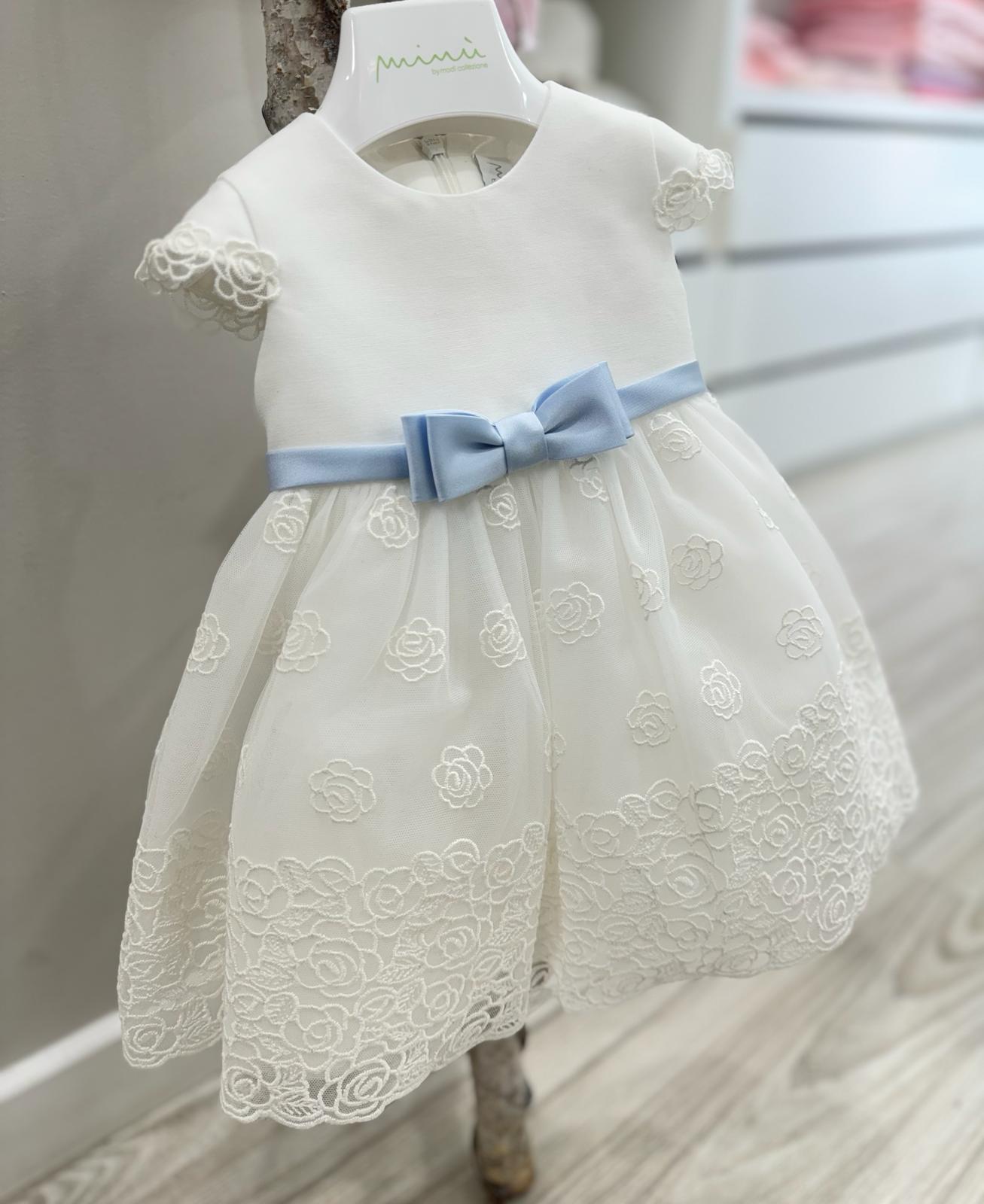 ABITO ELEGANTE BIANCO CON FIOCCO AZZURRO