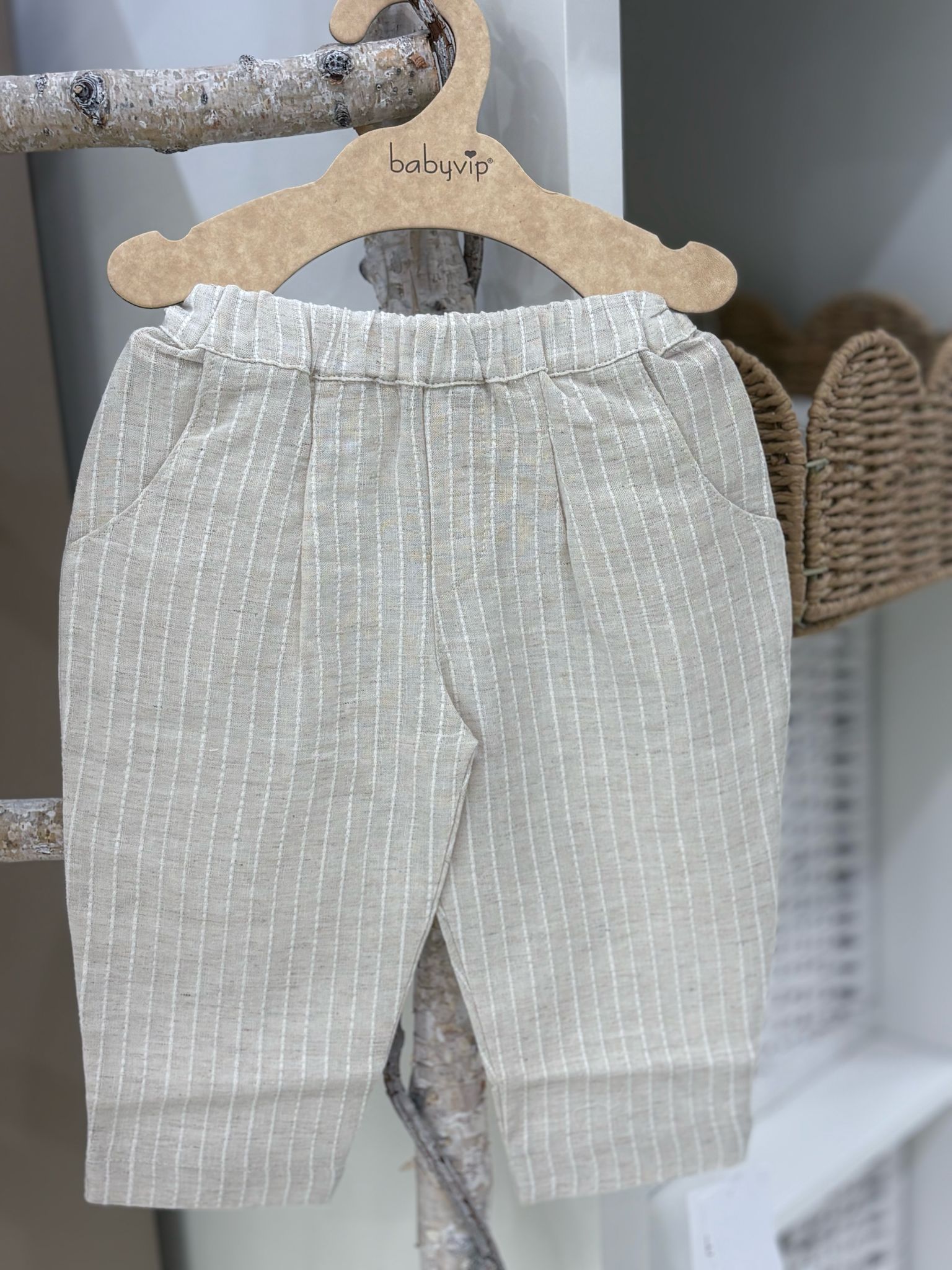 PANTALONE IN LINO RIGATO CON TASCHE BABY VIP