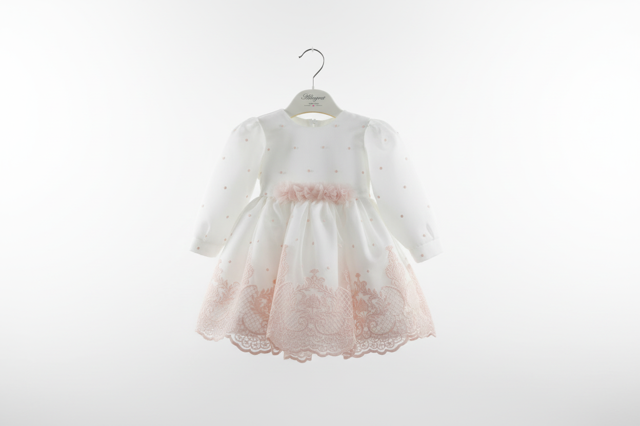Banner vestito bianco ricami rosa sfondo bianco