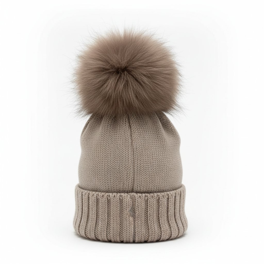 Cappello beige con pon-pon su sfondo bianco