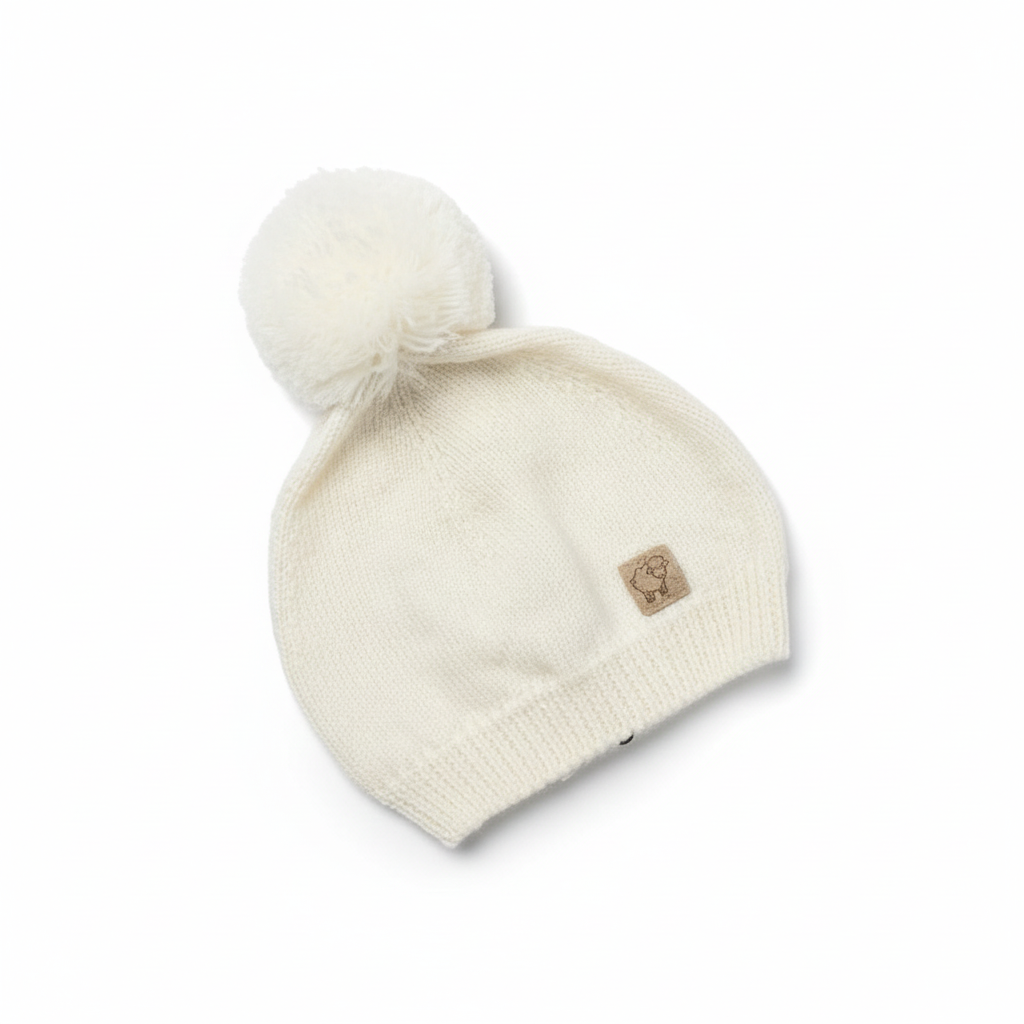 Cappello bianco con pon-pon e patch su sfondo bianco