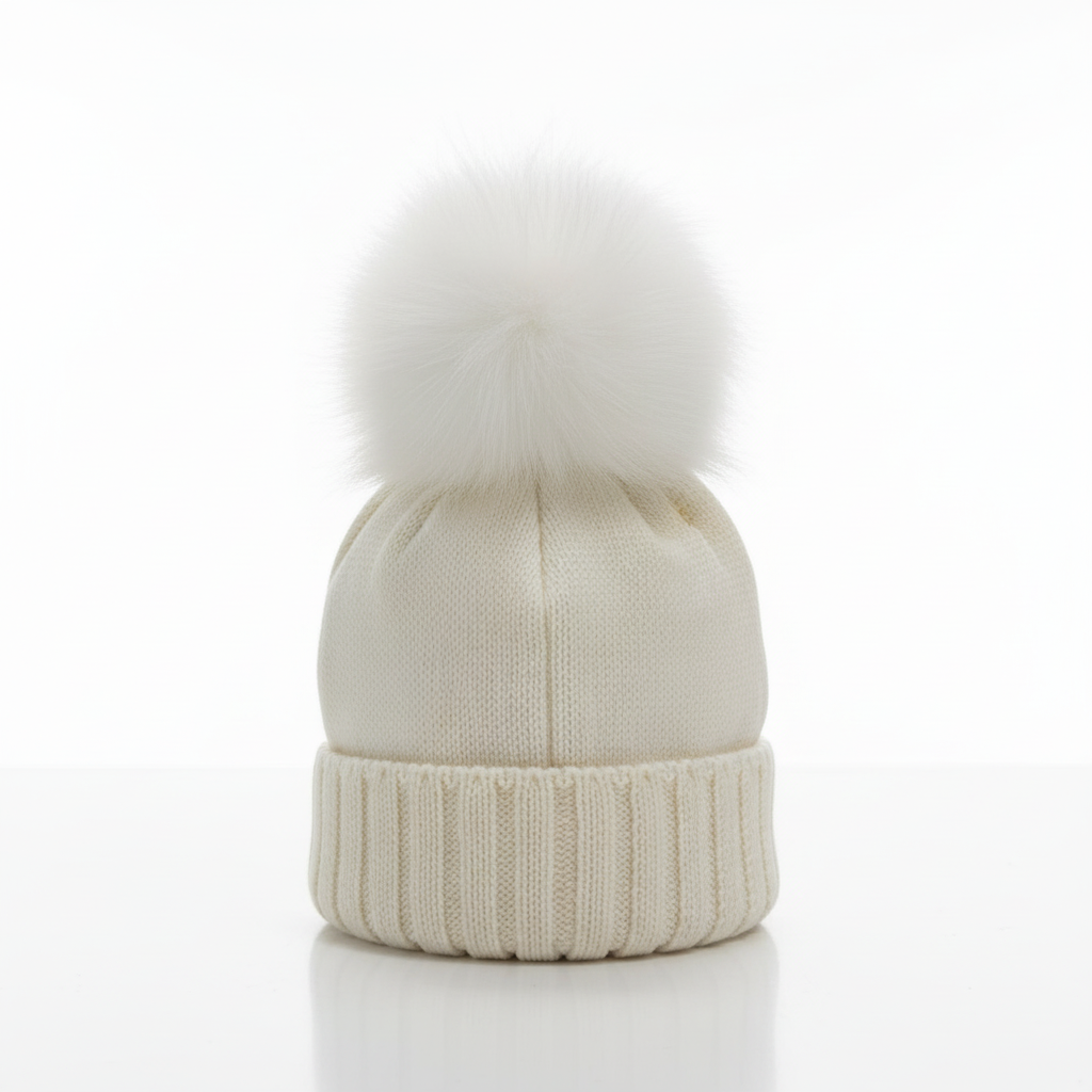 Cappello bianco con pon-pon su sfondo bianco