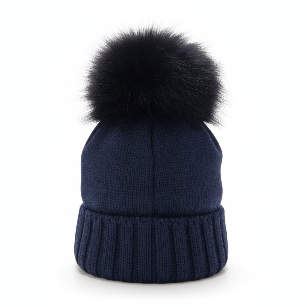 Cappello blu navy con pon-pon su sfondo bianco
