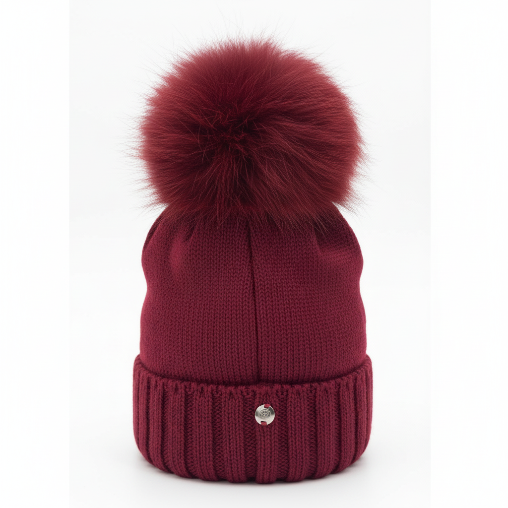 Cappello bordeaux con pon-pon su sfondo bianco