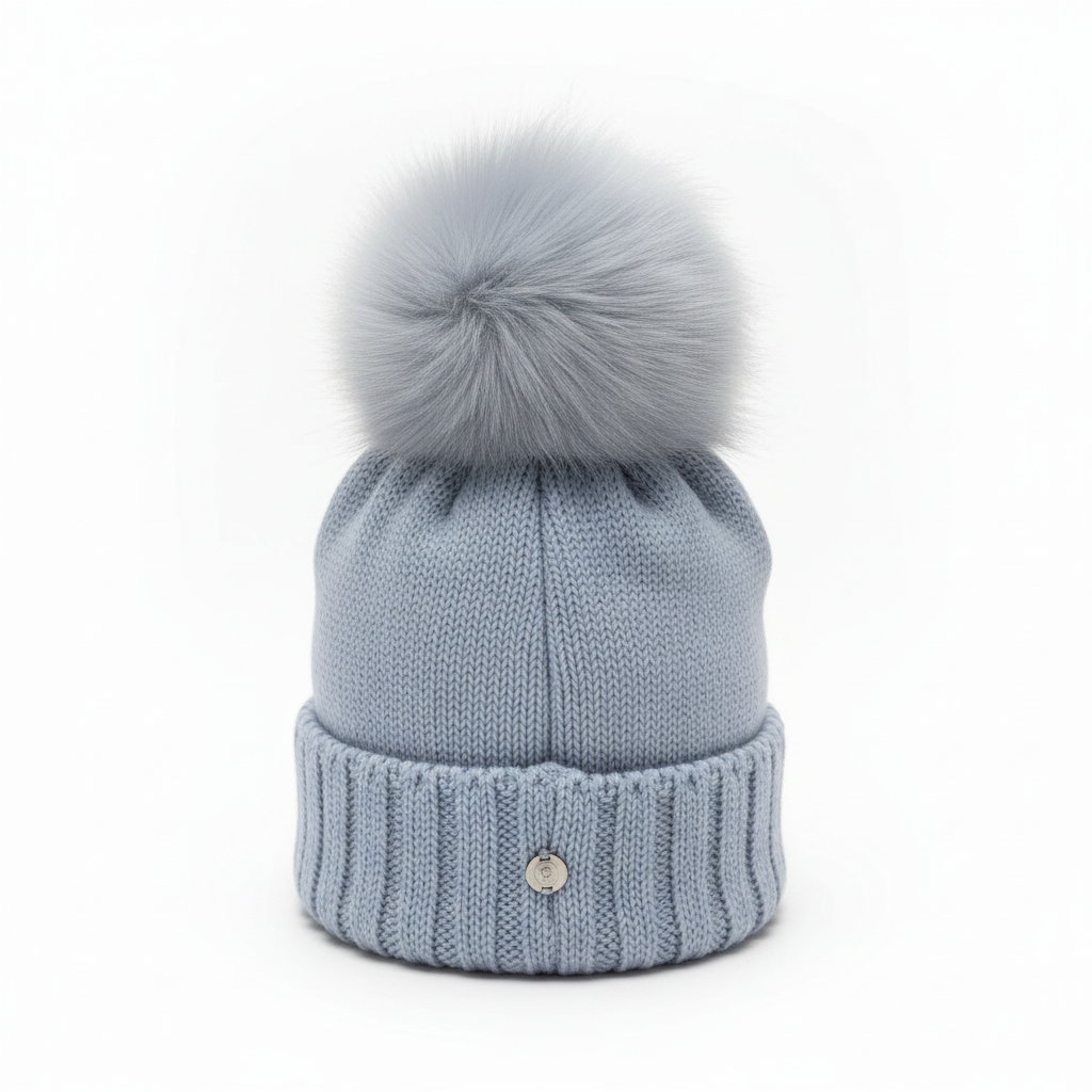 Cappello grigio chiaro con pon-pon su sfondo bianco