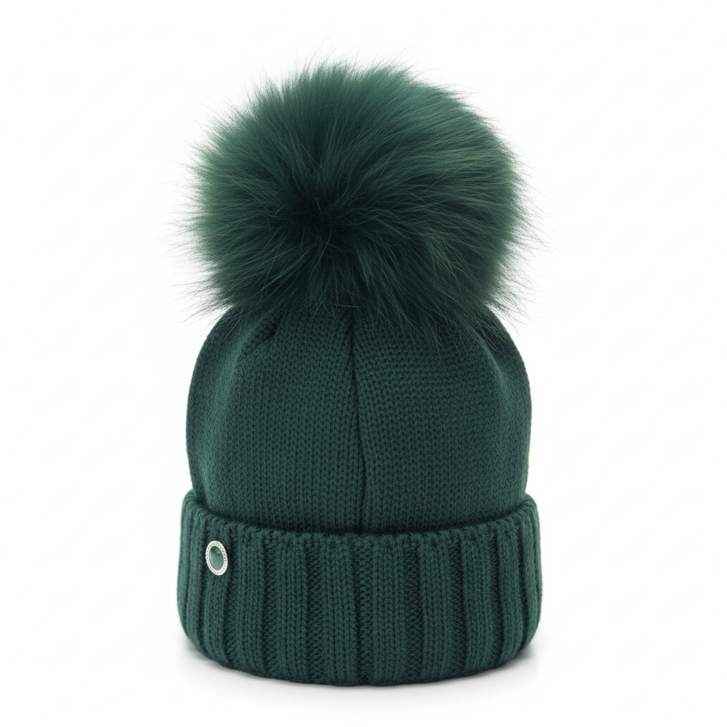 Cappello verde con pon-pon su sfondo bianco