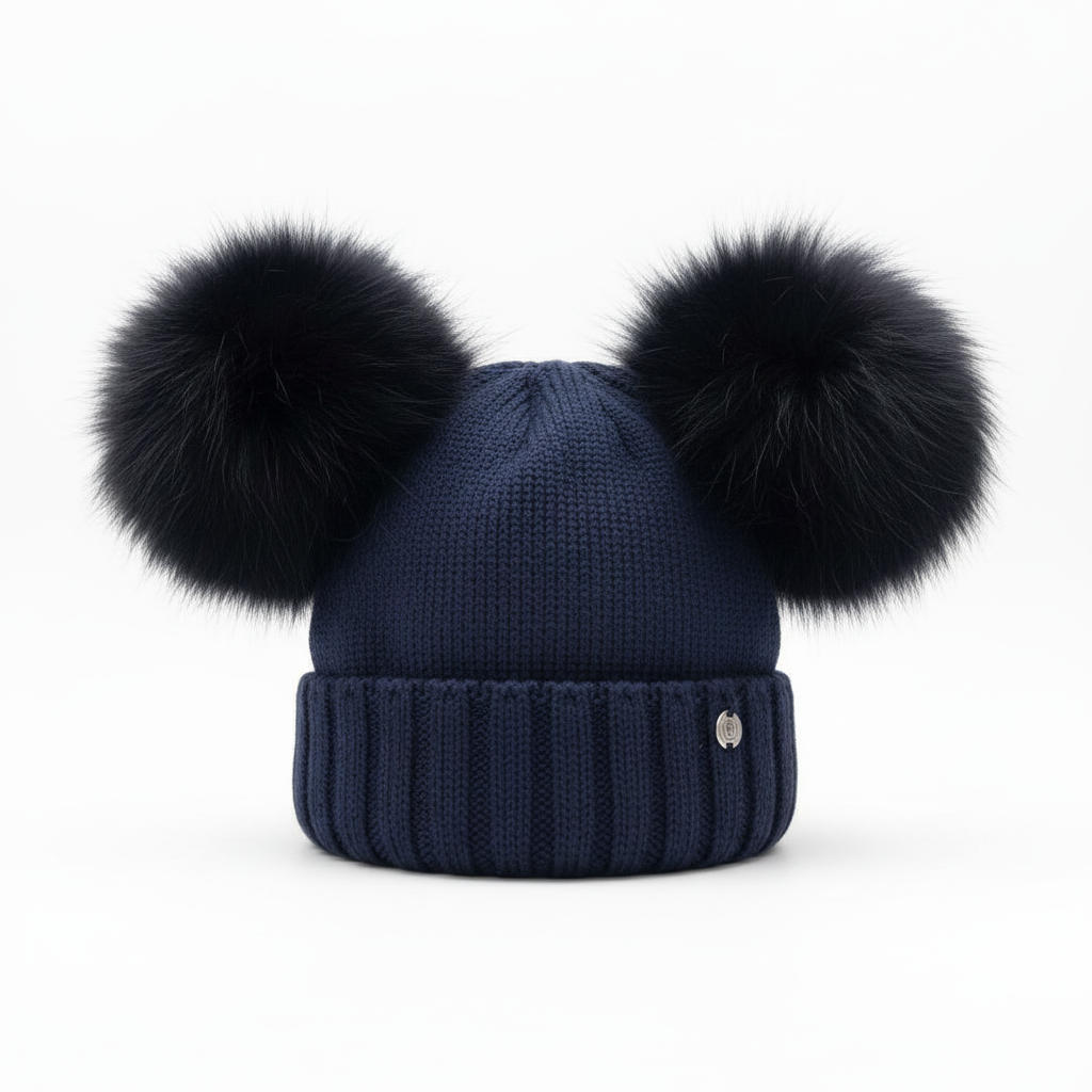 Navy Double Pompom Beanie White Background