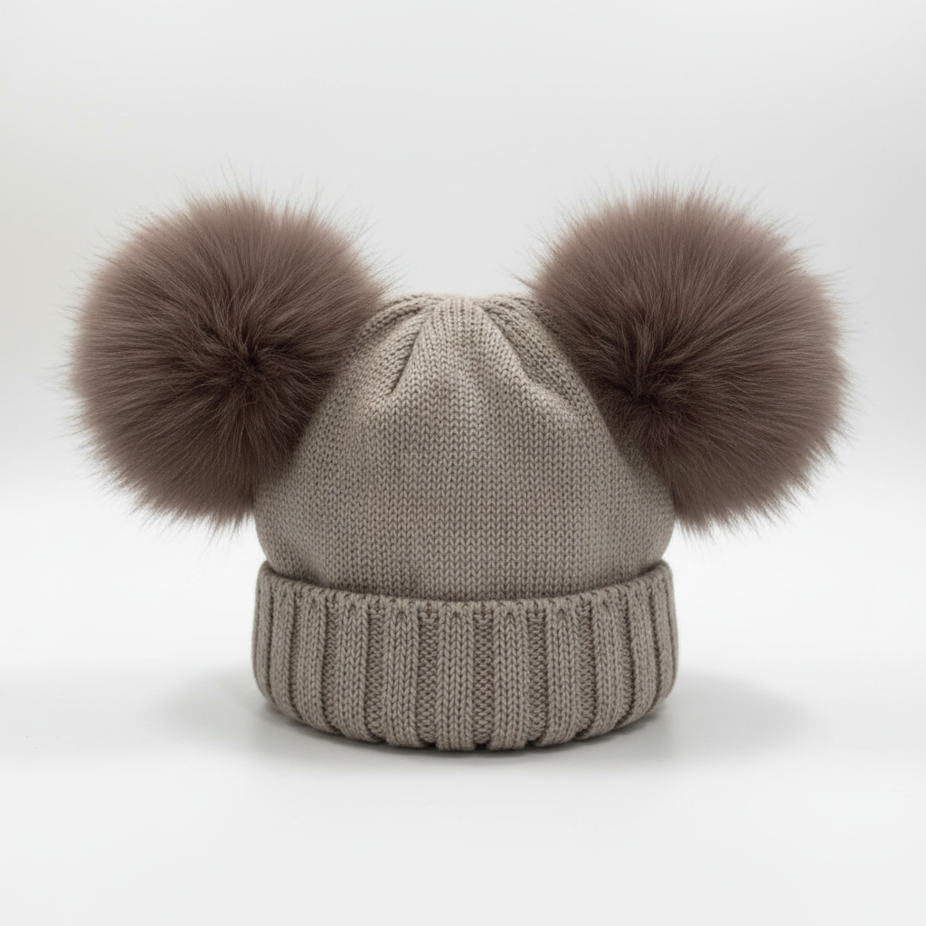 Taupe Double Pompom Beanie White Background